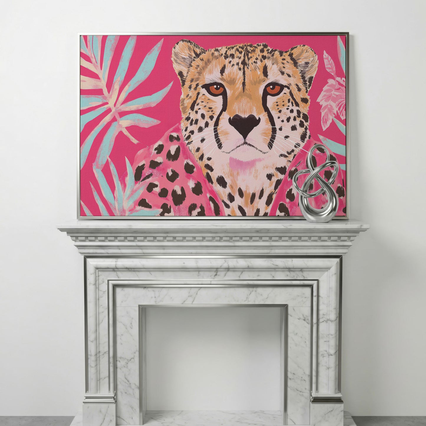 Pink Cheetah with Tropical Leaves Canvas Print in silver floating frame