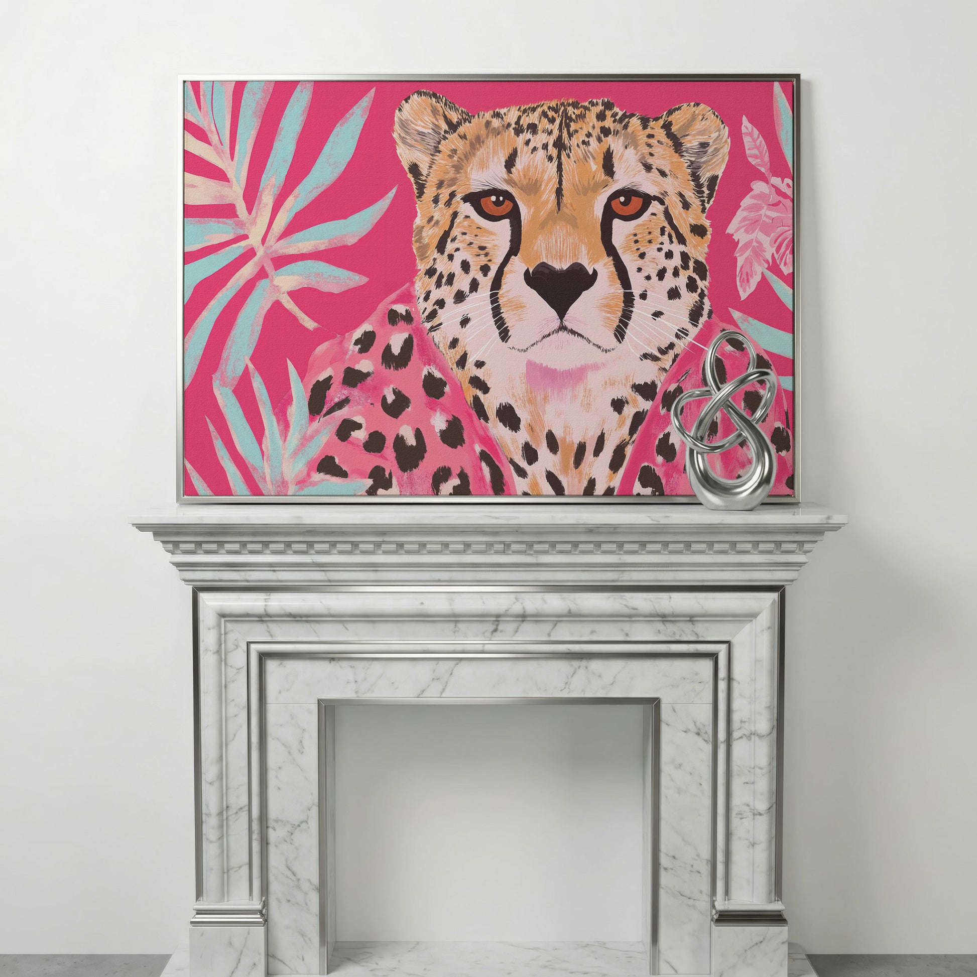 Pink Cheetah with Tropical Leaves Canvas Print in silver floating frame