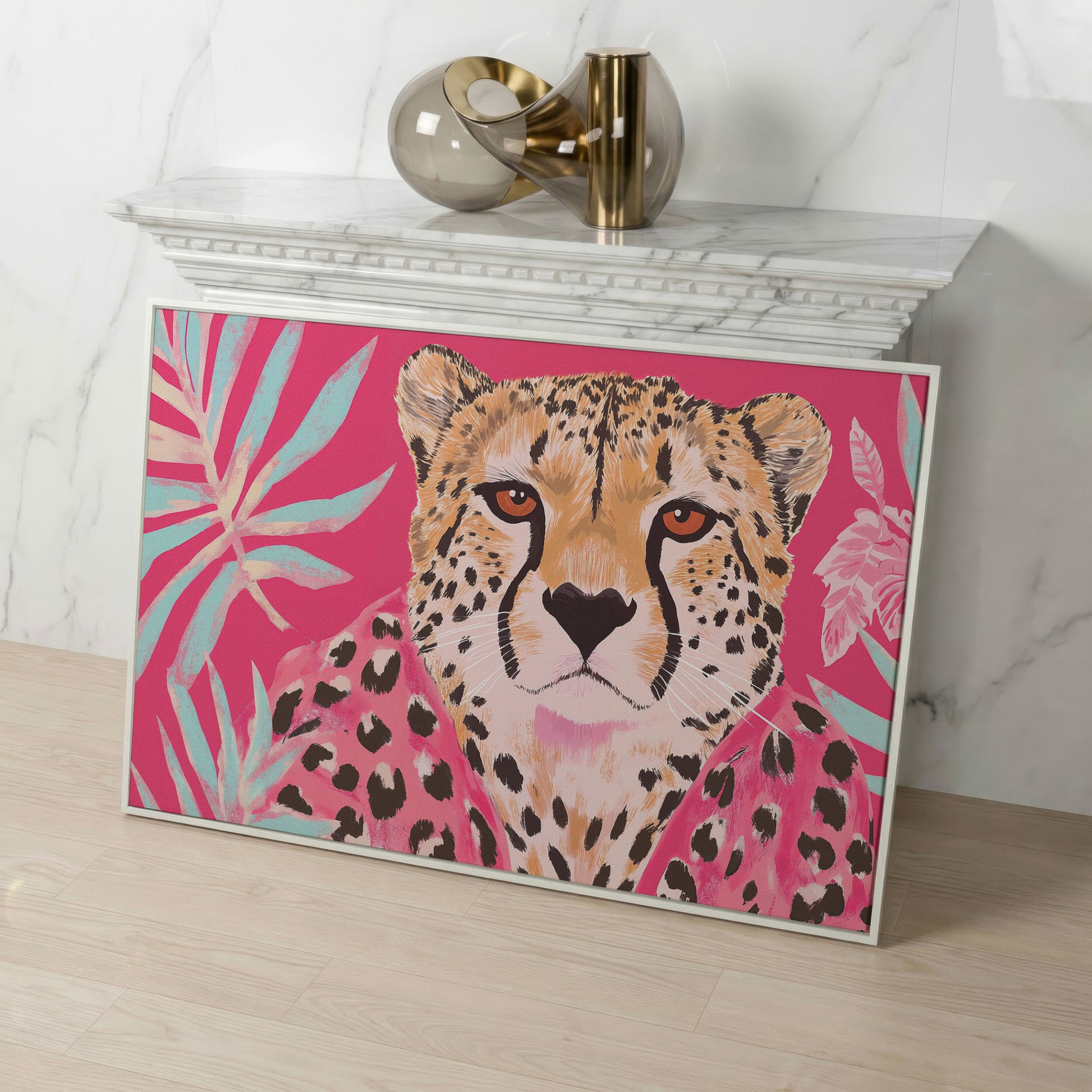 Pink Cheetah with Tropical Leaves Canvas Print in white floating frame