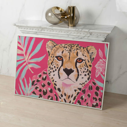 Pink Cheetah with Tropical Leaves Canvas Print in white floating frame