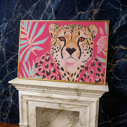 Pink Cheetah with Tropical Leaves Canvas Print in yellow gold floating frame