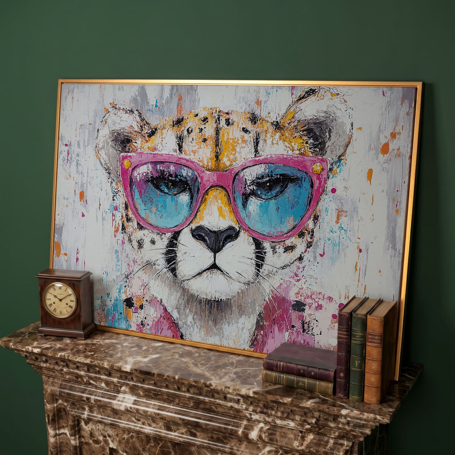 Cheetah in Pink Sunglasses Canvas Print in antique gold floating frame