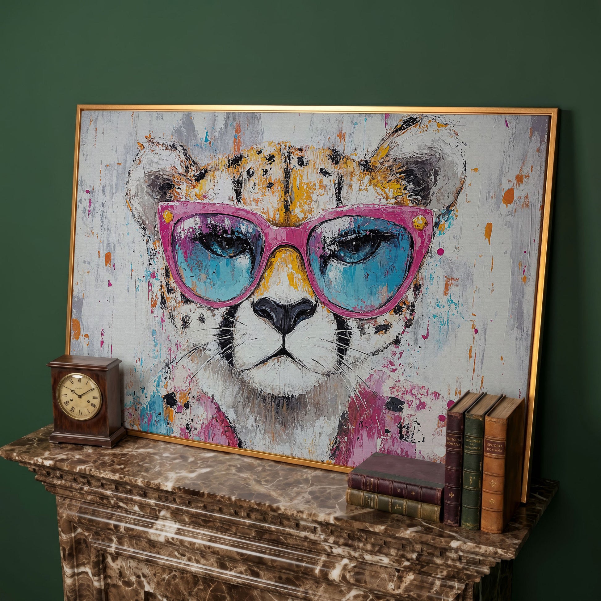 Cheetah in Pink Sunglasses Canvas Print in antique gold floating frame