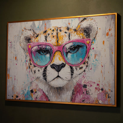 Cheetah in Pink Sunglasses Canvas Print shown in antique gold floating frame