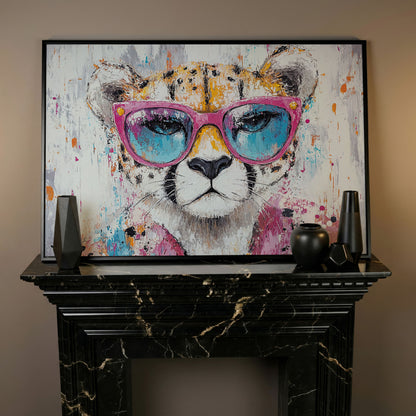 Cheetah in Pink Sunglasses Canvas Print in black floating frame