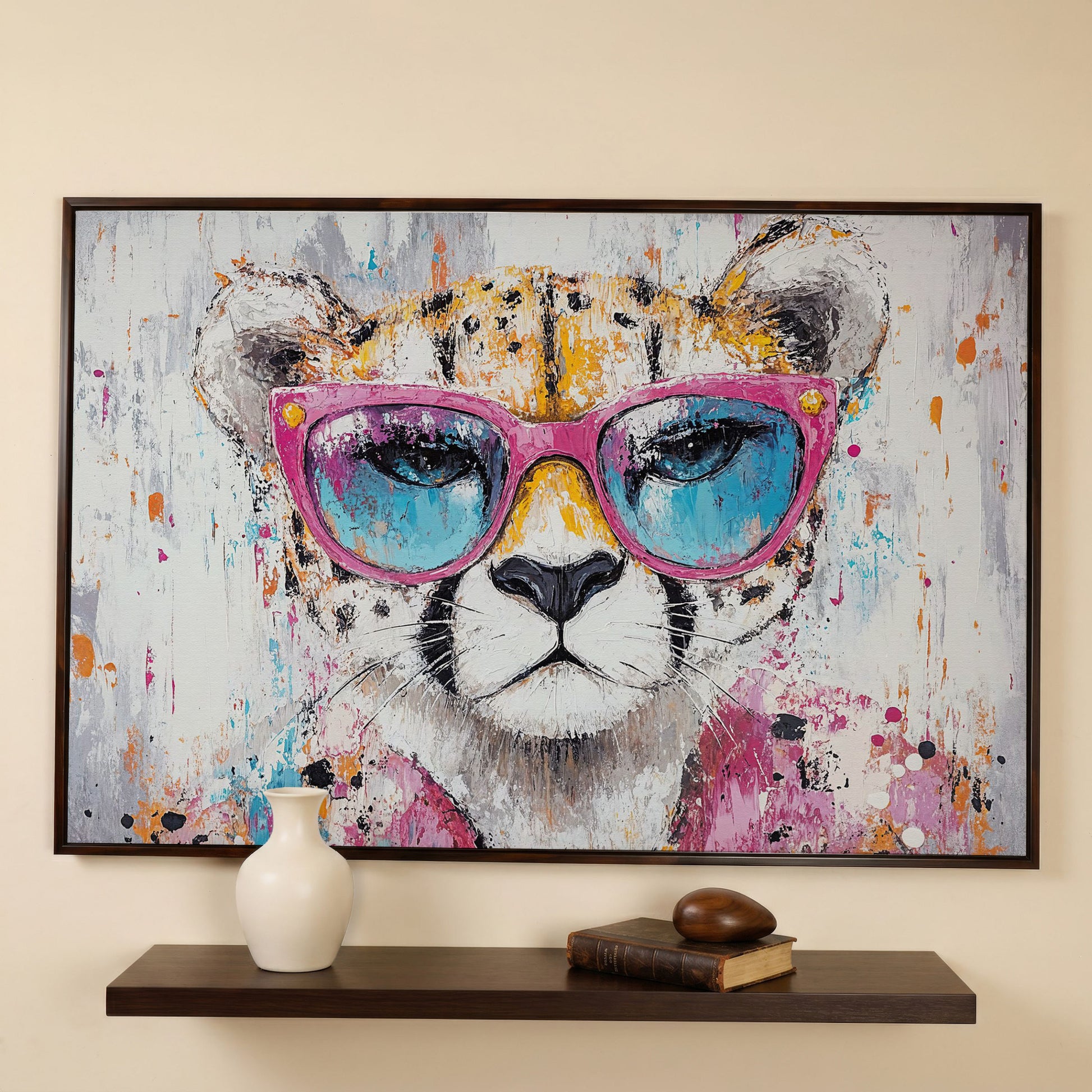 Cheetah in Pink Sunglasses Canvas Print in dark walnut floating frame