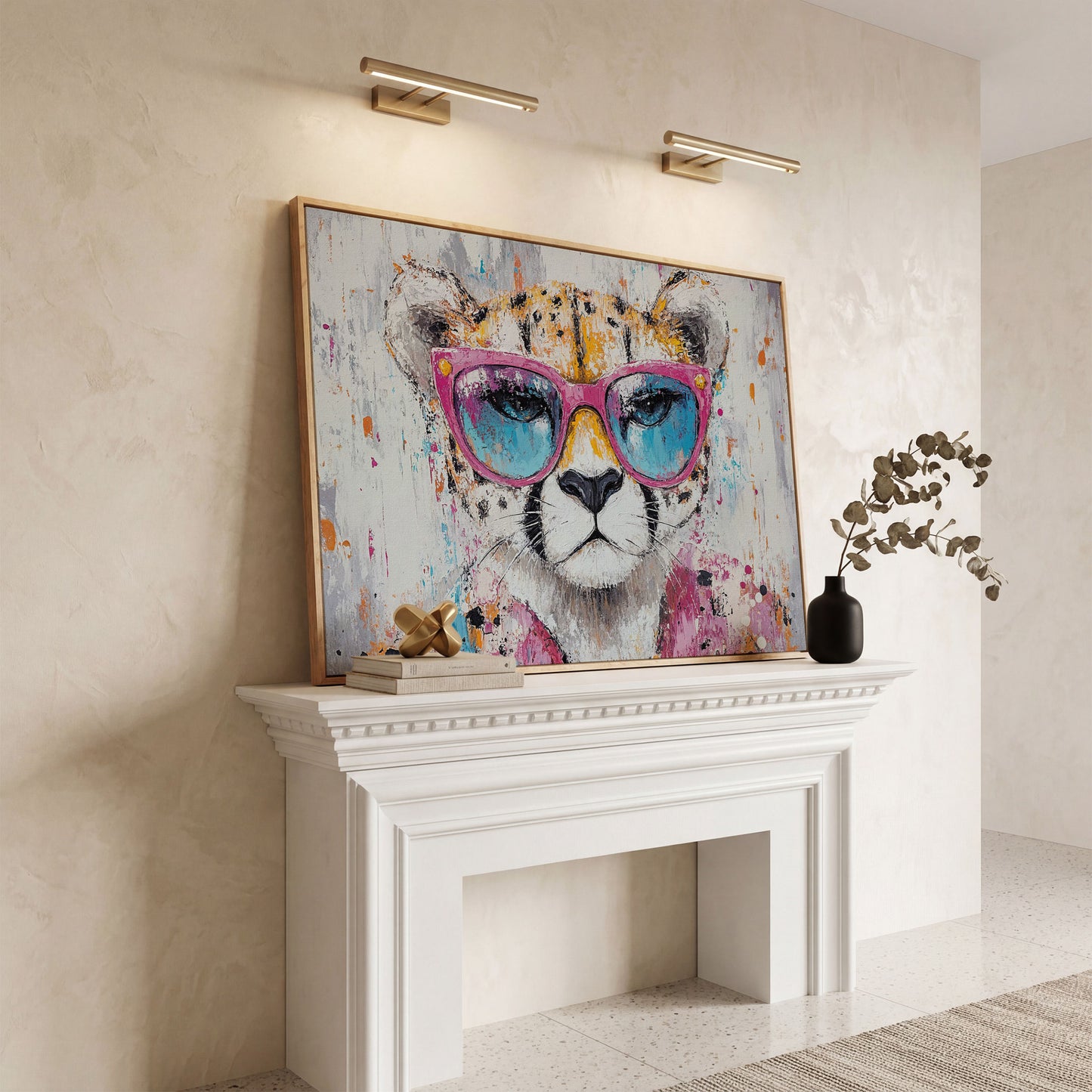 Cheetah in Pink Sunglasses Canvas Print in white oak floating frame