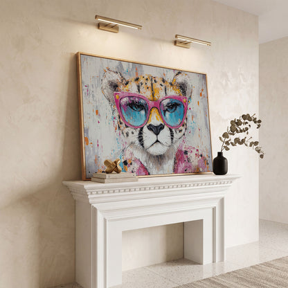 Cheetah in Pink Sunglasses Canvas Print in white oak floating frame