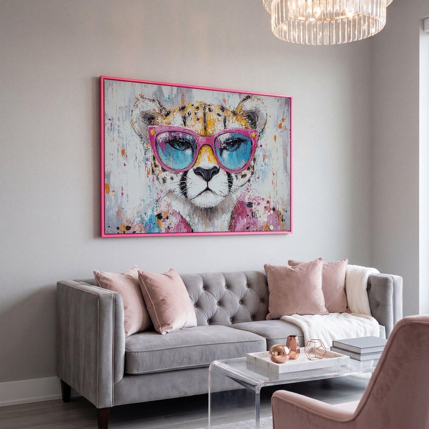 Cheetah in Pink Sunglasses Canvas Print in pink floating frame