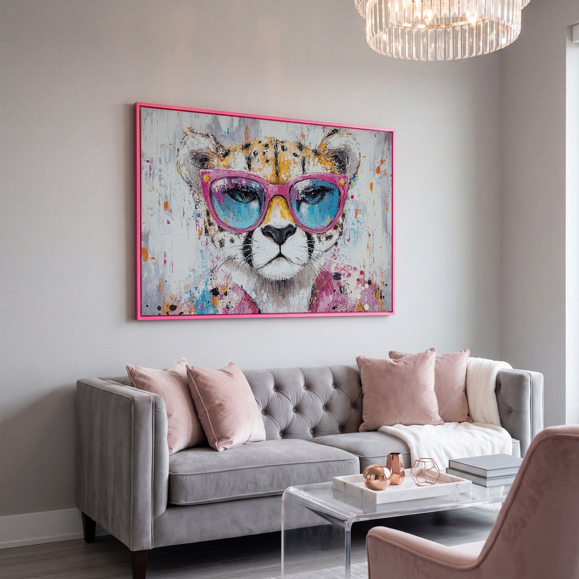 Cheetah in Pink Sunglasses Canvas Print in pink floating frame
