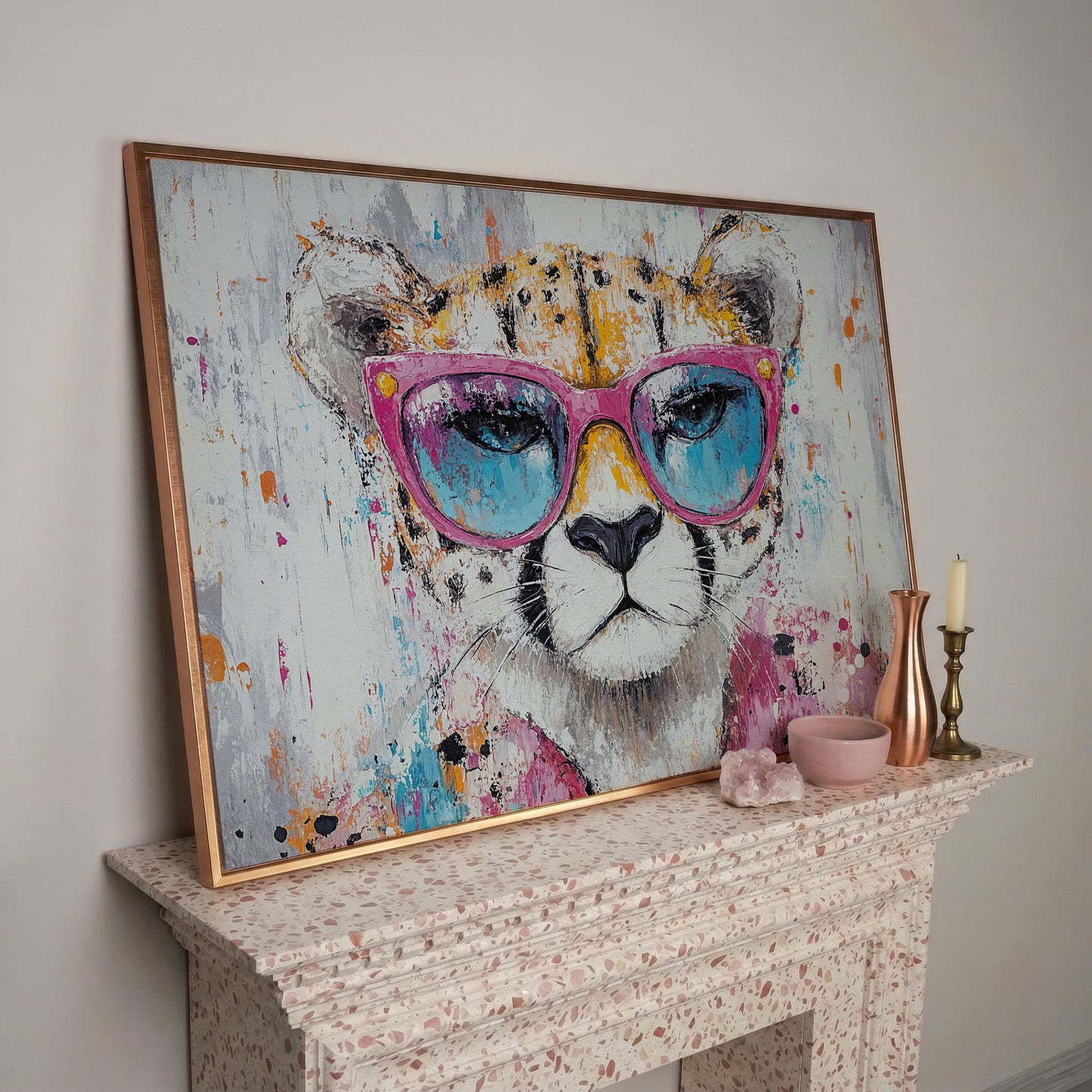 Cheetah in Pink Sunglasses Canvas Print in rose gold floating frame