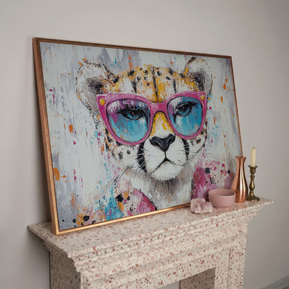 Cheetah in Pink Sunglasses Canvas Print in rose gold floating frame