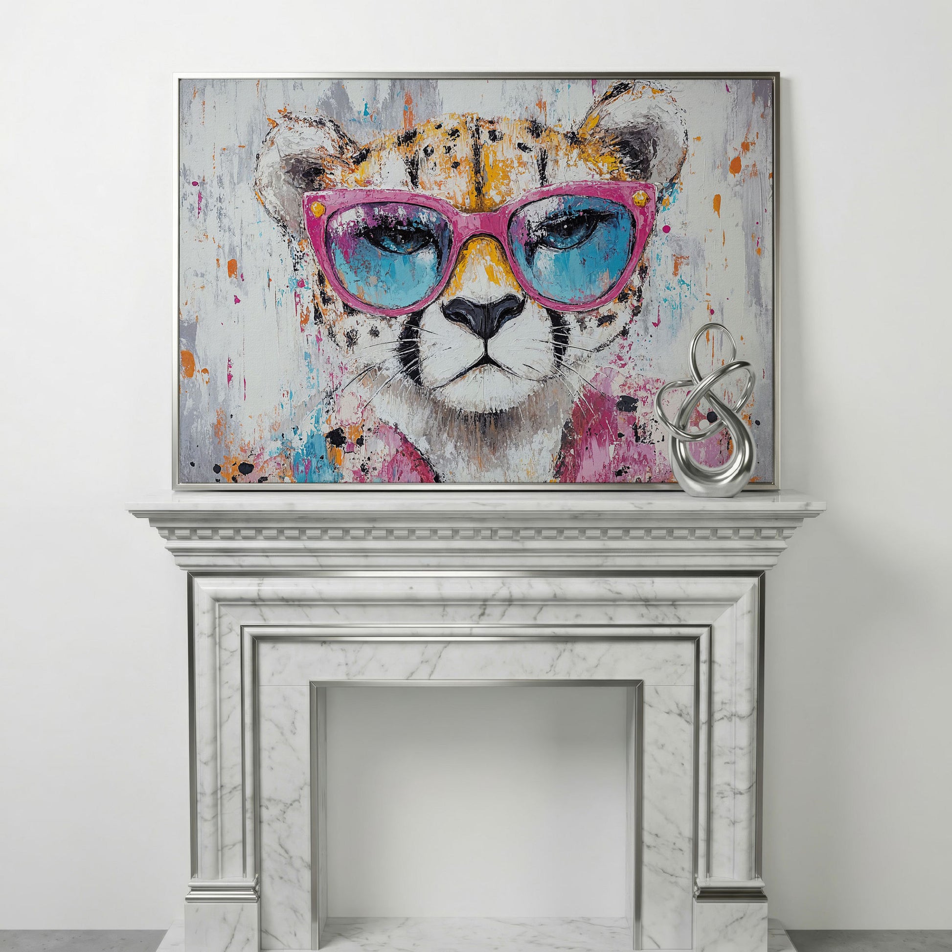 Cheetah in Pink Sunglasses Canvas Print in silver floating frame