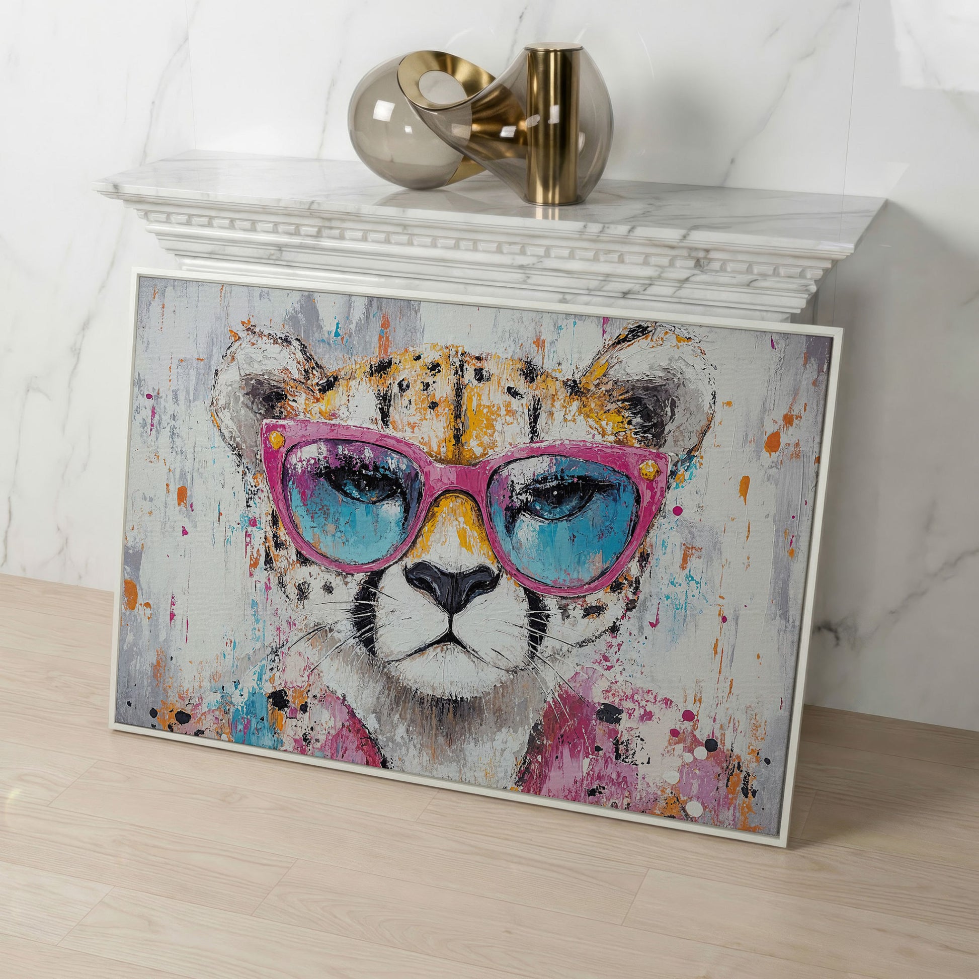 Cheetah in Pink Sunglasses Canvas Print in white floating frame
