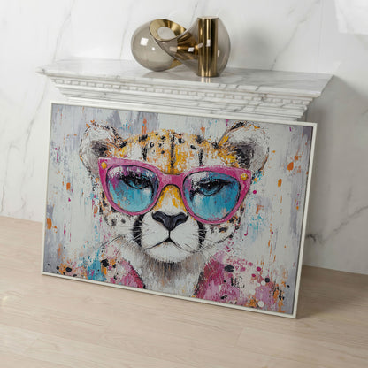 Cheetah in Pink Sunglasses Canvas Print in white floating frame