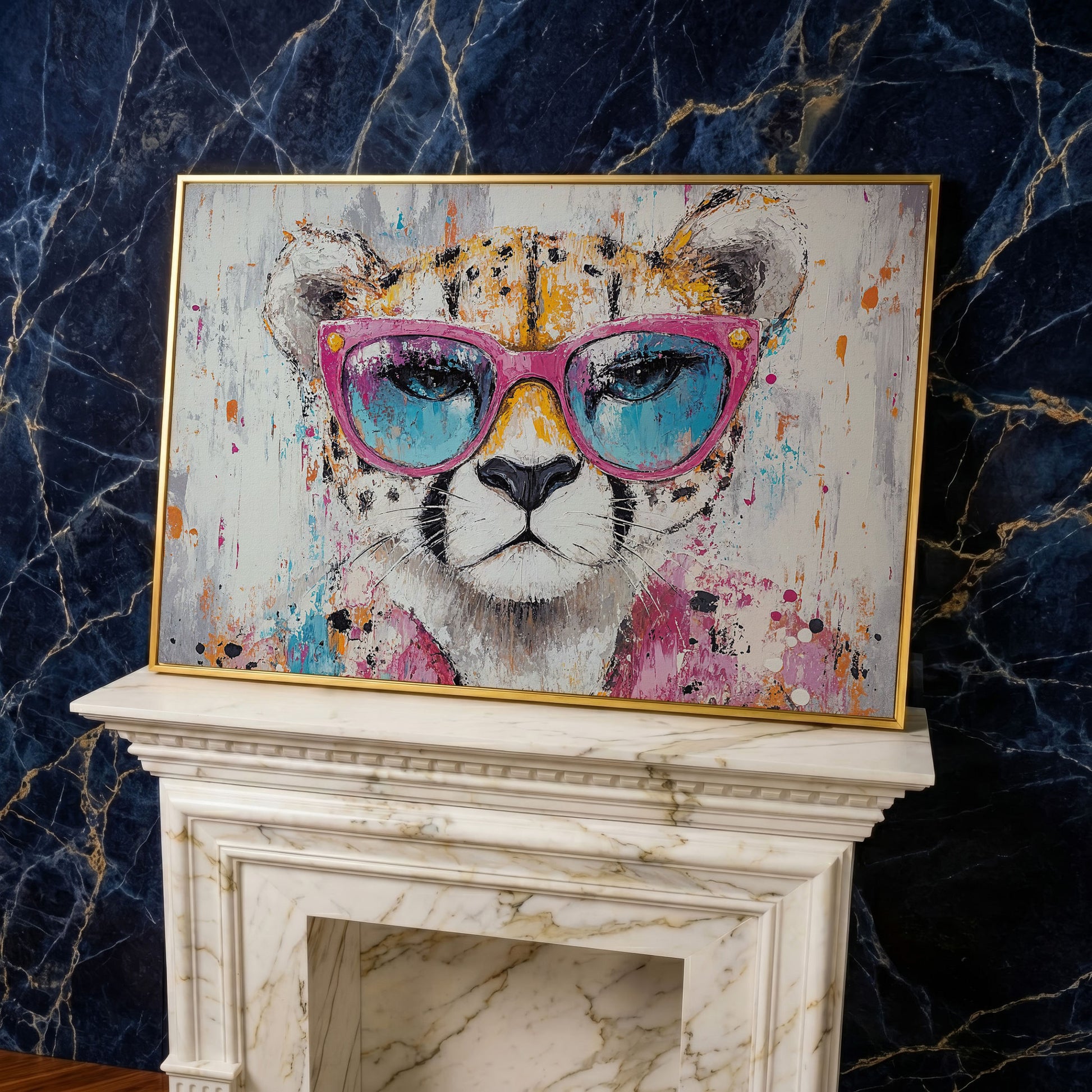 Cheetah in Pink Sunglasses Canvas Print in yellow gold floating frame