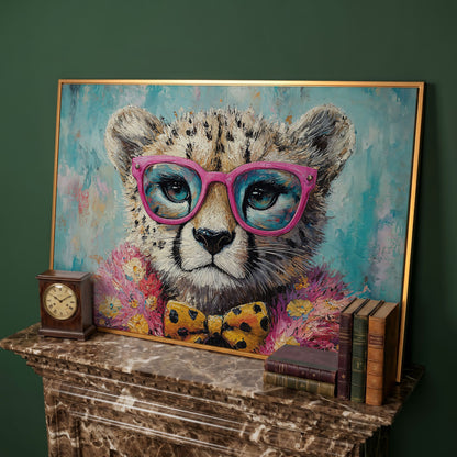 Stylish Cheetah in Pink Glasses Canvas in antique gold floating frame