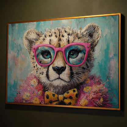 Stylish Cheetah in Pink Glasses Canvas shown in antique gold floating frame
