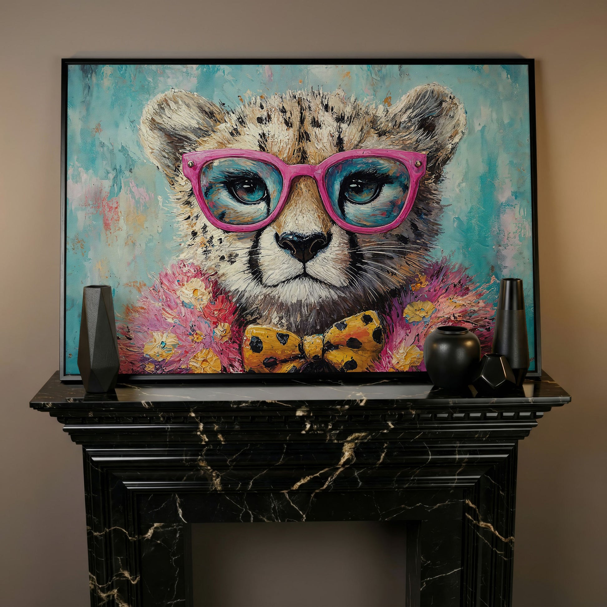 Stylish Cheetah in Pink Glasses Canvas in black floating frame
