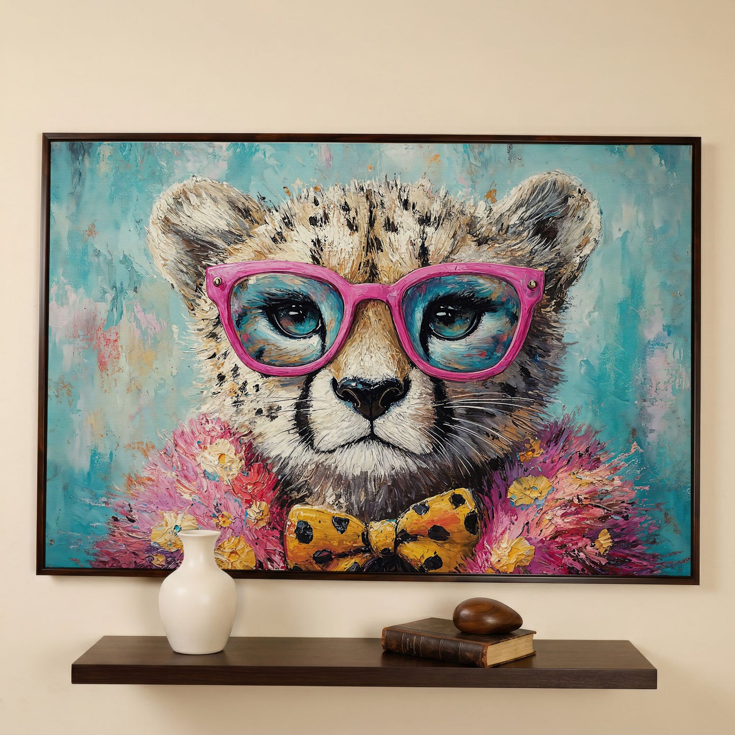 Stylish Cheetah in Pink Glasses Canvas in dark walnut floating frame