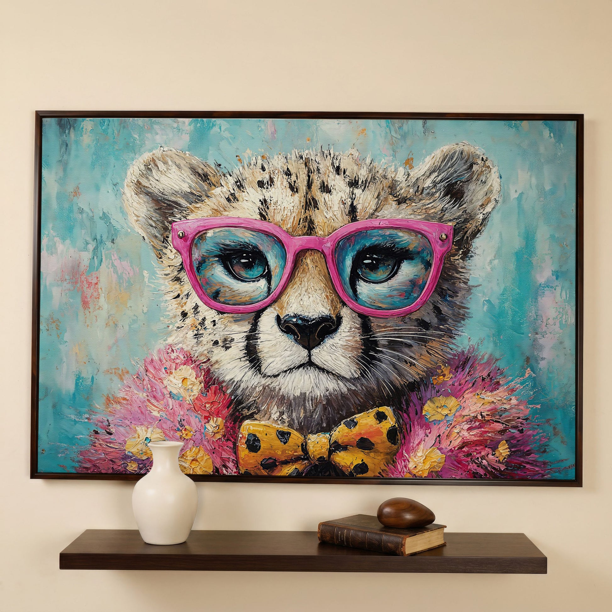 Stylish Cheetah in Pink Glasses Canvas in dark walnut floating frame