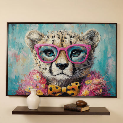 Stylish Cheetah in Pink Glasses Canvas in dark walnut floating frame
