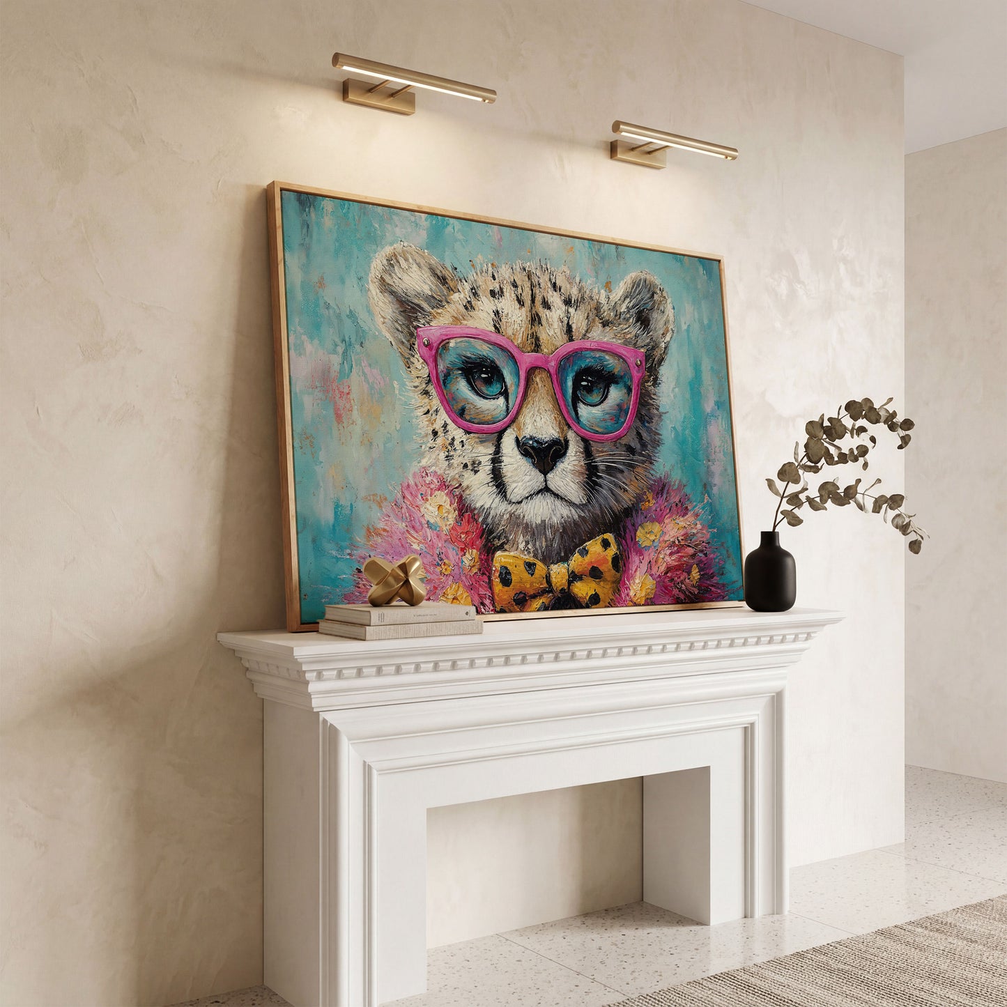 Stylish Cheetah in Pink Glasses Canvas in white oak floating frame