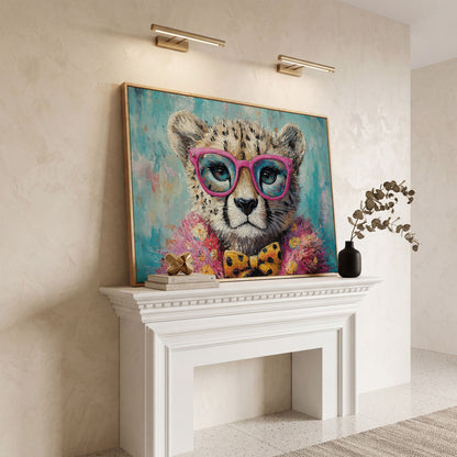 Stylish Cheetah in Pink Glasses Canvas in white oak floating frame