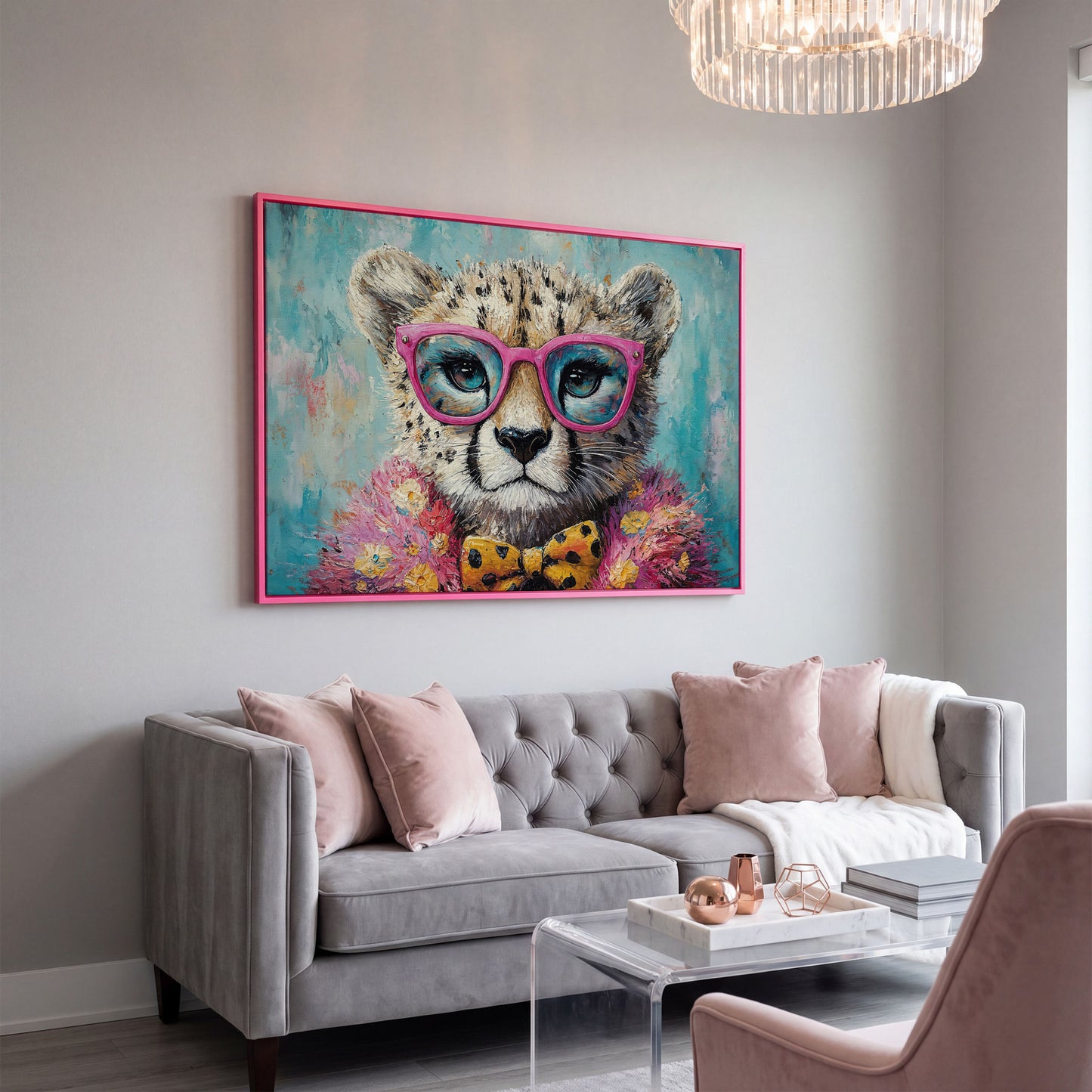 Stylish Cheetah in Pink Glasses Canvas in pink floating frame