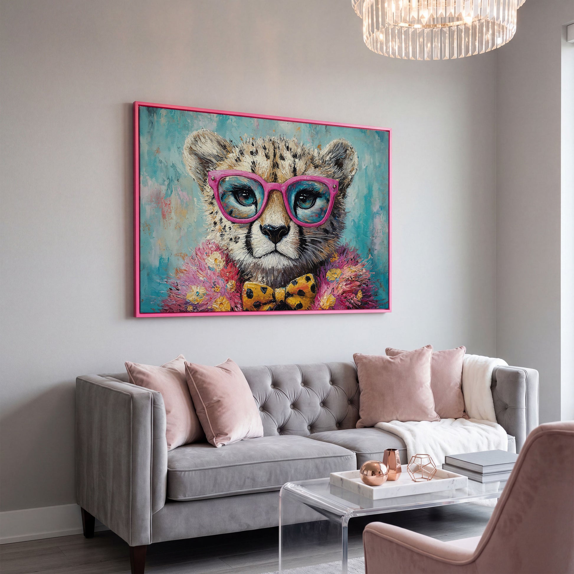 Stylish Cheetah in Pink Glasses Canvas in pink floating frame
