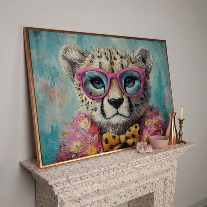 Stylish Cheetah in Pink Glasses Canvas in rose gold floating frame