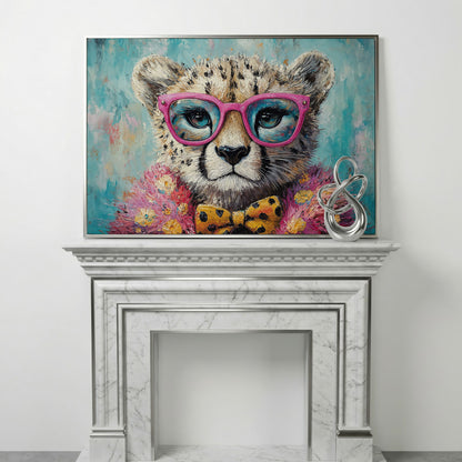 Stylish Cheetah in Pink Glasses Canvas in silver floating frame