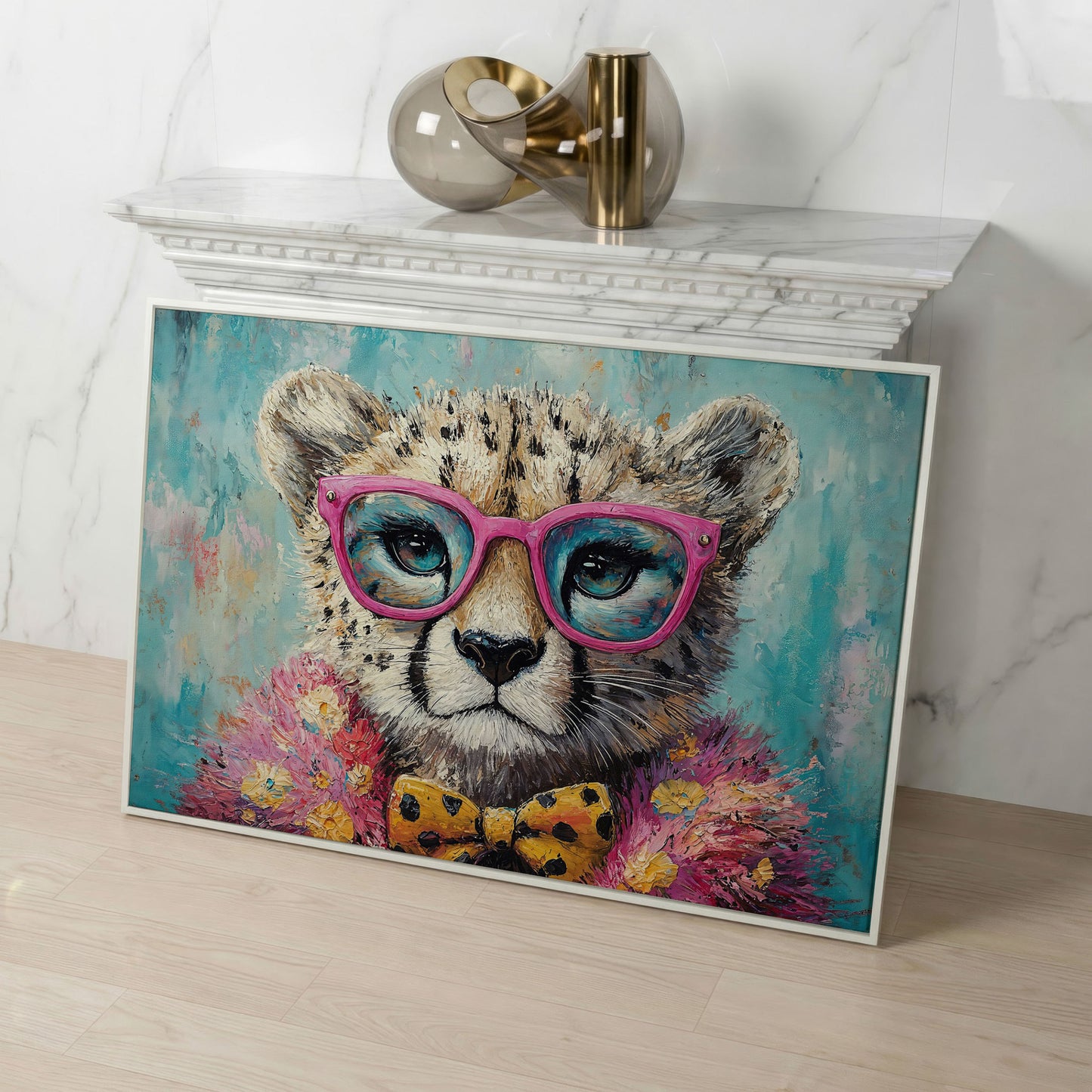 Stylish Cheetah in Pink Glasses Canvas in white floating frame