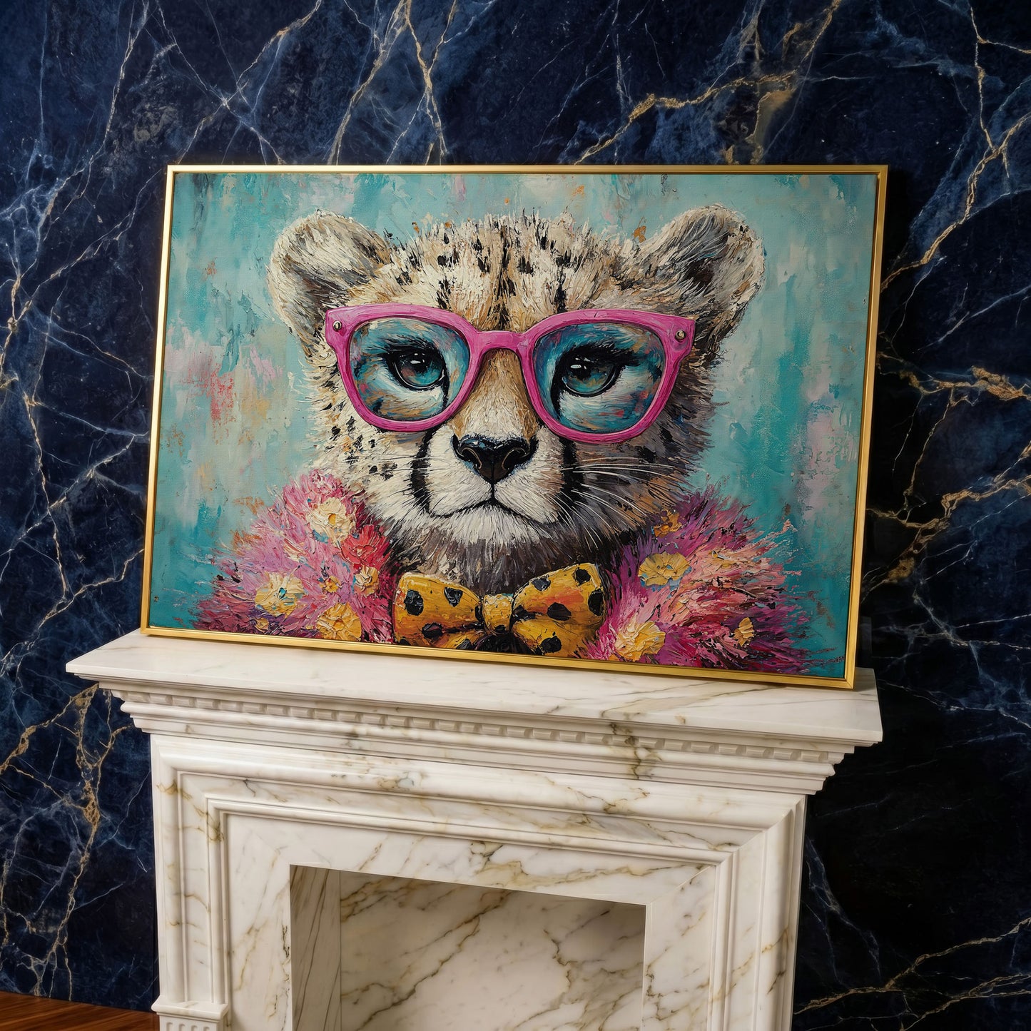 Stylish Cheetah in Pink Glasses Canvas in yellow gold floating frame
