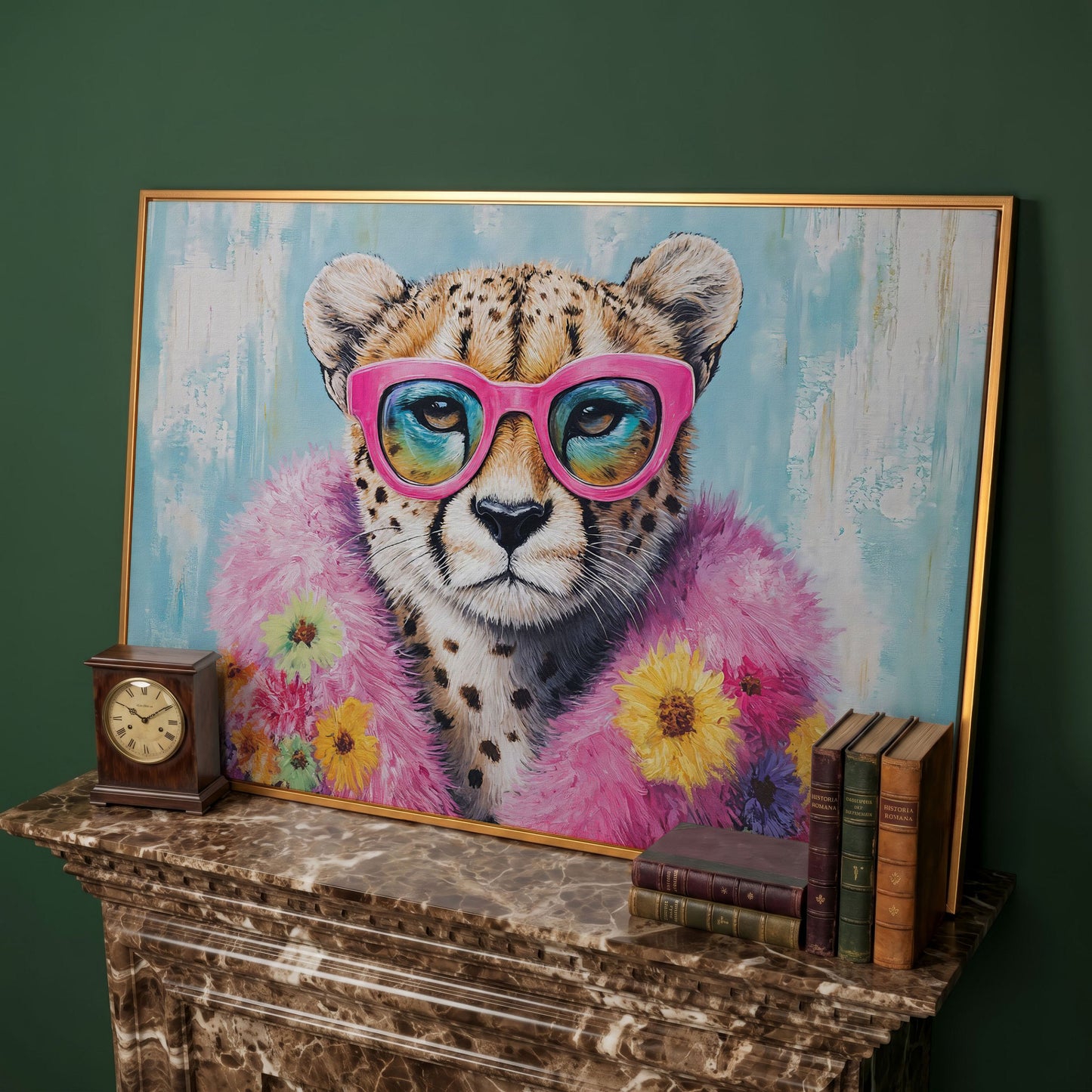 Pink Floral Leopard Canvas Print with Sunglasses in antique gold floating frame