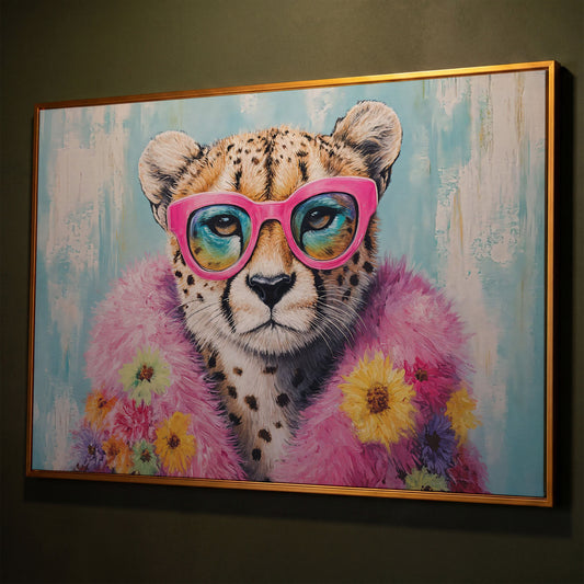 Pink Floral Leopard Canvas Print with Sunglasses shown in antique gold floating frame