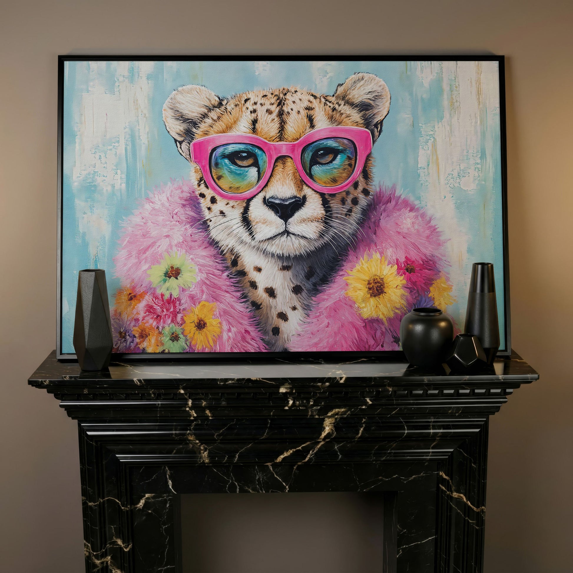 Pink Floral Leopard Canvas Print with Sunglasses in black floating frame