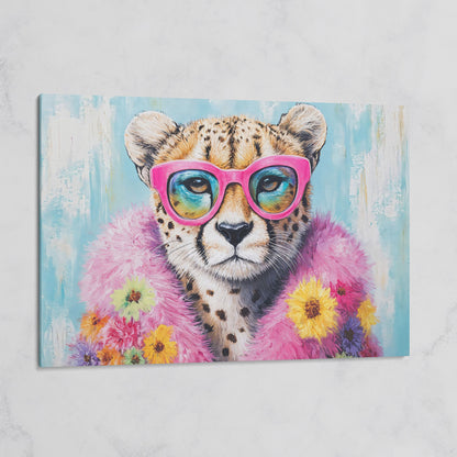 Pink Floral Leopard Canvas Print with Sunglasses on gallery wrap