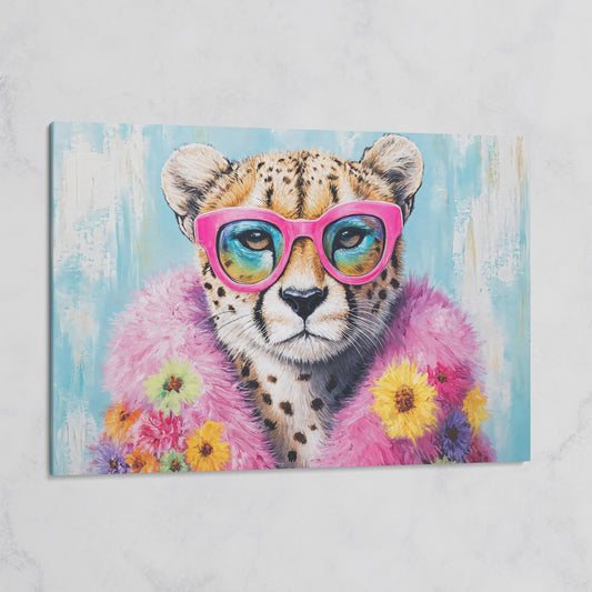 Pink Floral Leopard Canvas Print with Sunglasses on gallery wrap