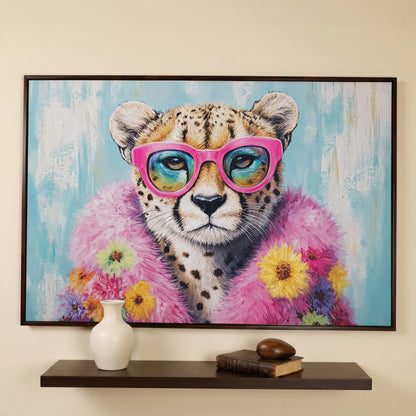 Pink Floral Leopard Canvas Print with Sunglasses in dark walnut floating frame