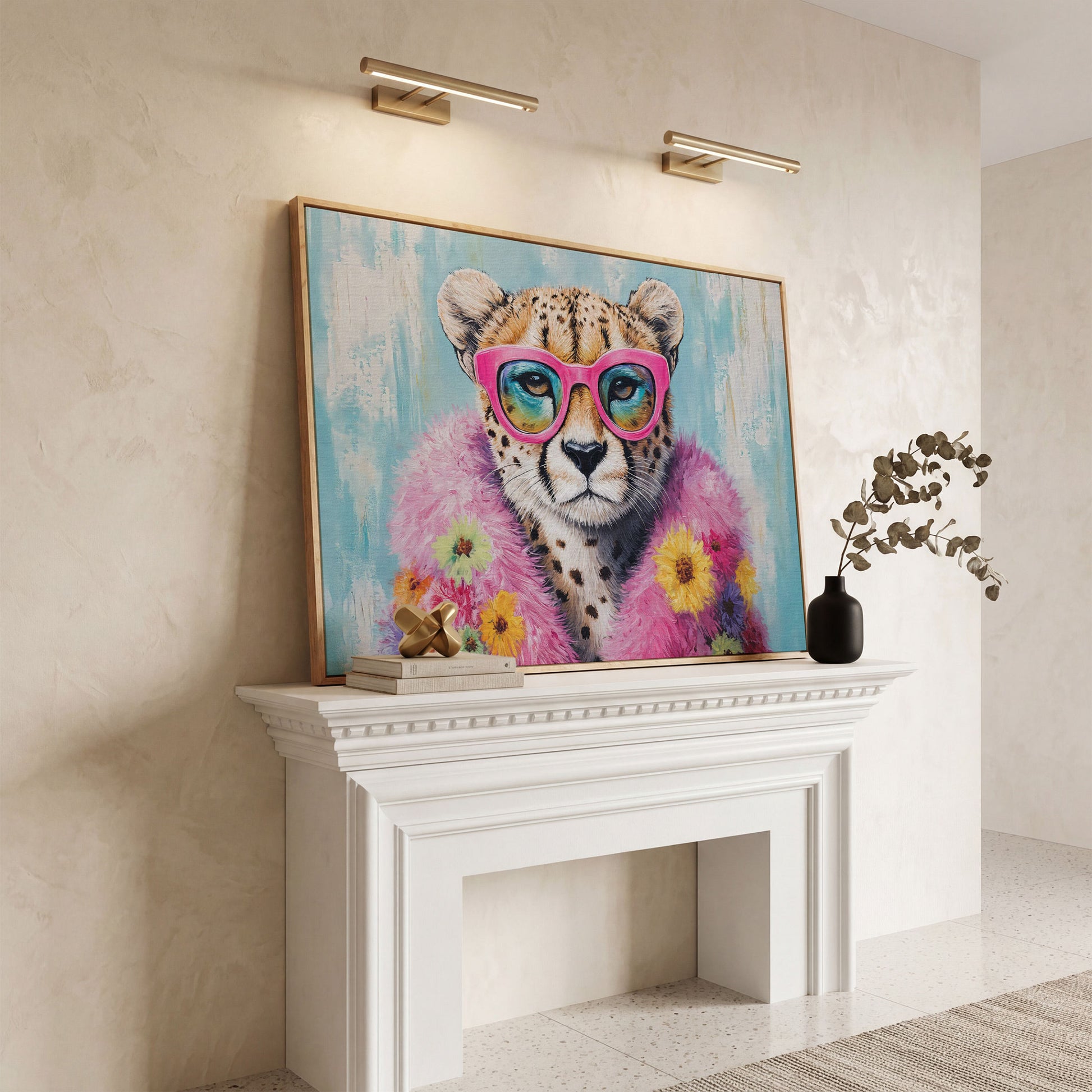Pink Floral Leopard Canvas Print with Sunglasses in white oak floating frame