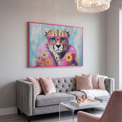 Pink Floral Leopard Canvas Print with Sunglasses in pink floating frame