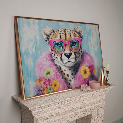 Pink Floral Leopard Canvas Print with Sunglasses in rose gold floating frame