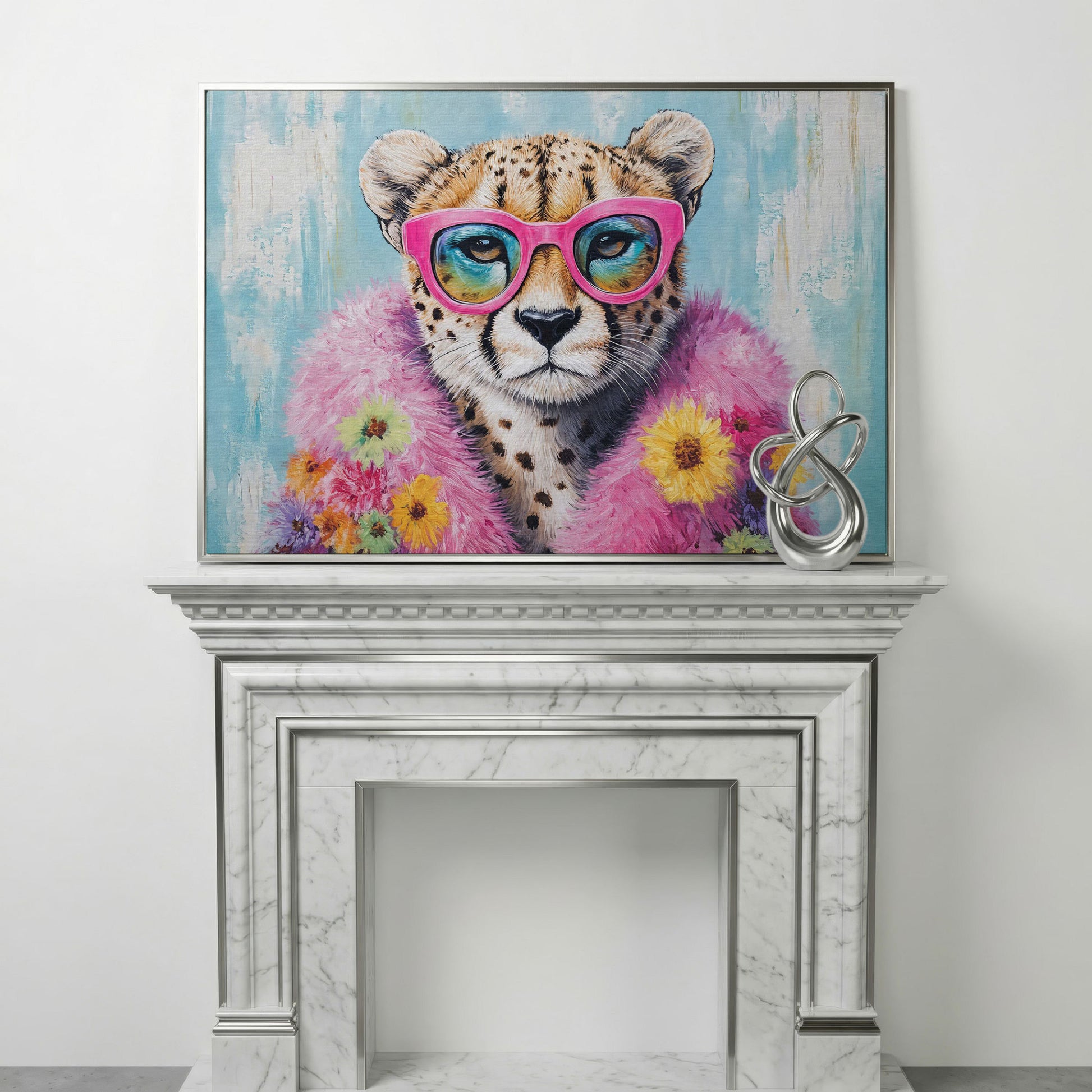 Pink Floral Leopard Canvas Print with Sunglasses in silver floating frame