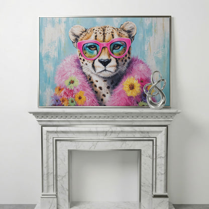 Pink Floral Leopard Canvas Print with Sunglasses in silver floating frame