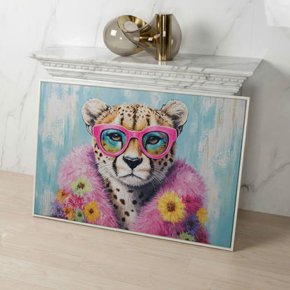 Pink Floral Leopard Canvas Print with Sunglasses in white floating frame
