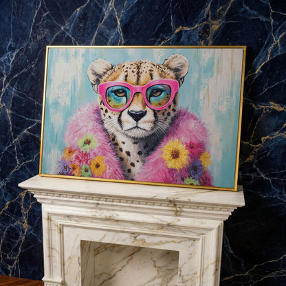 Pink Floral Leopard Canvas Print with Sunglasses in yellow gold floating frame