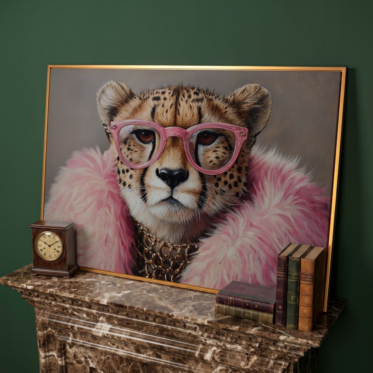 Cheetah in Pink Glasses Canvas Print in antique gold floating frame