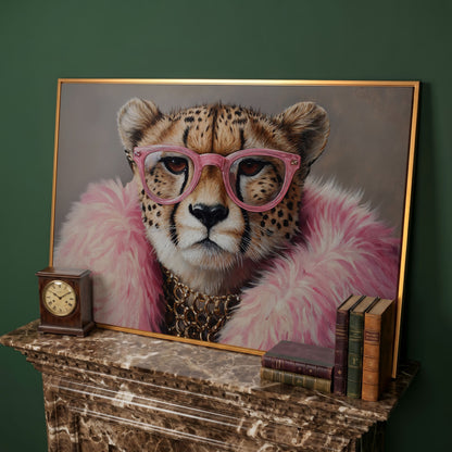 Cheetah in Pink Glasses Canvas Print in antique gold floating frame