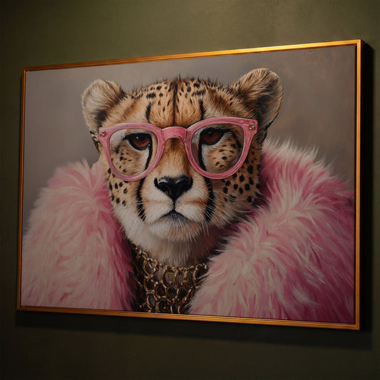 Cheetah in Pink Glasses Canvas Print shown in antique gold floating frame